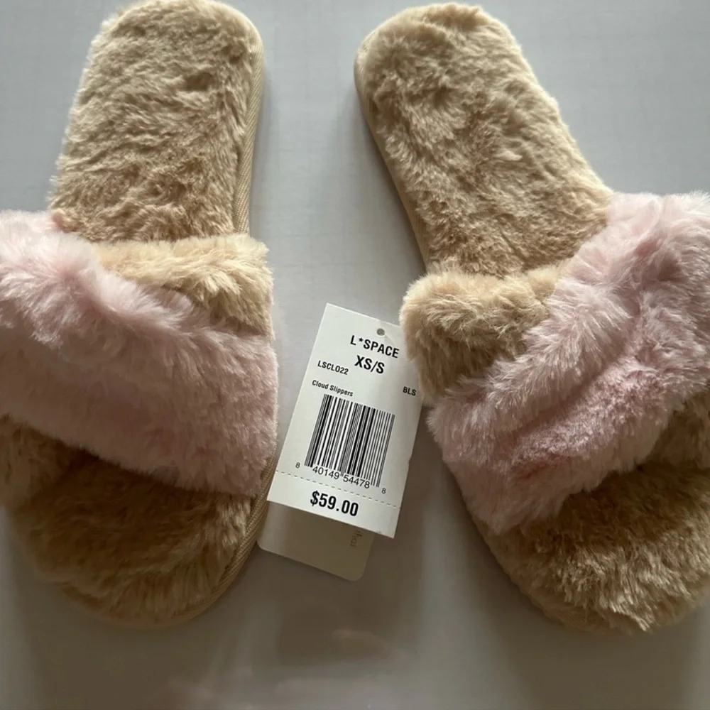 Beige‎ and Pink Furry Slippers by L space new with tags